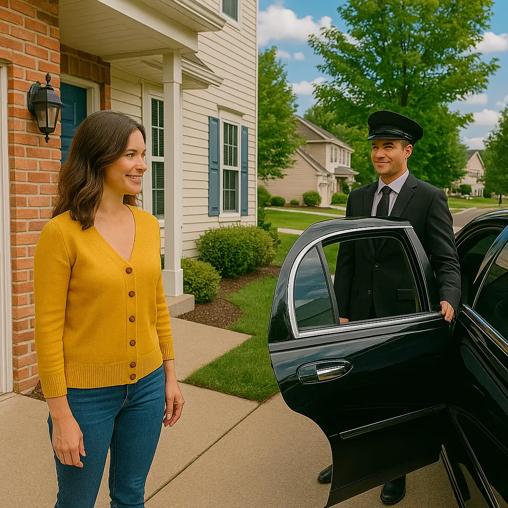 world's best limousine service parked at doorstep with driver opening the door