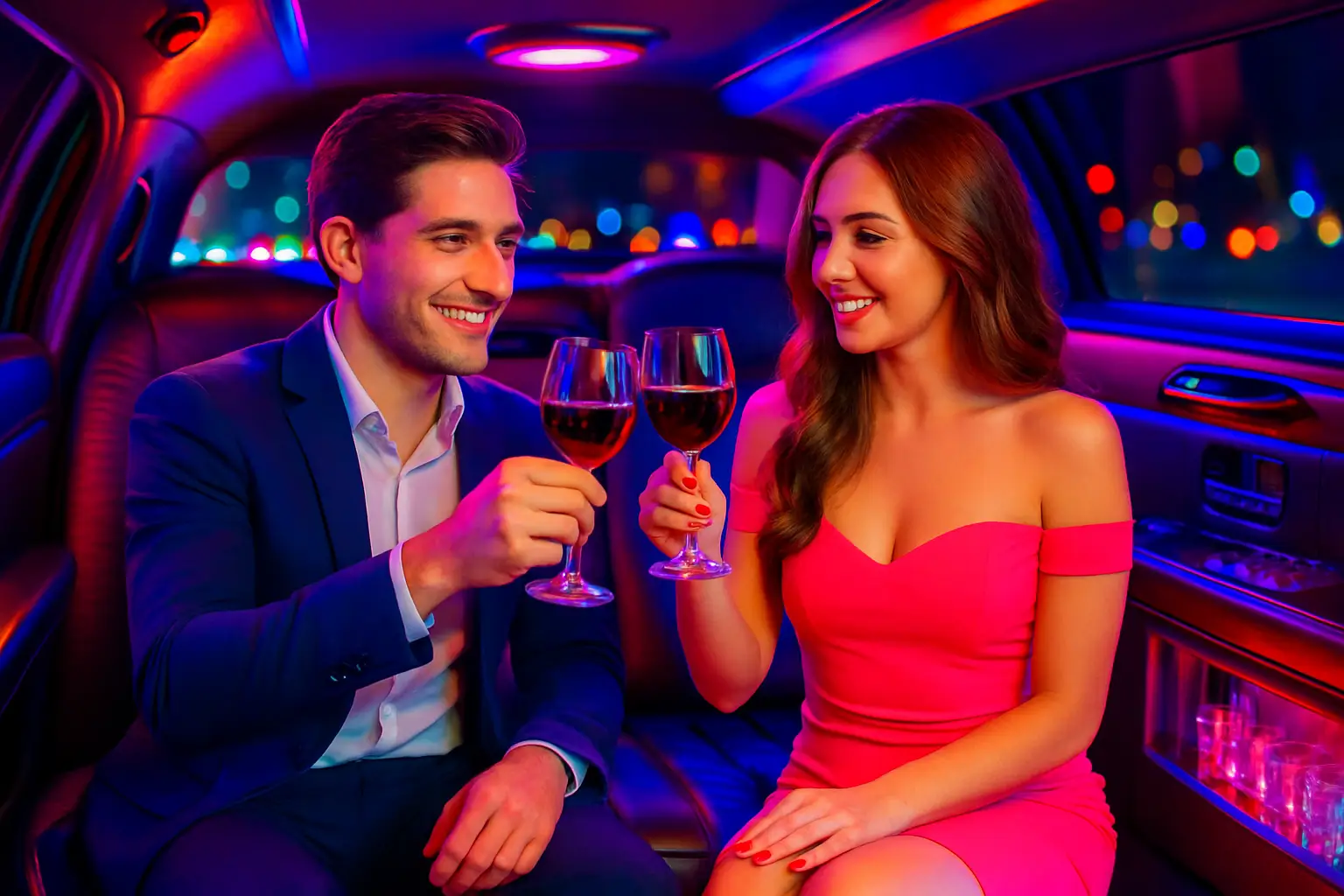Couple enjoying a romantic limousine ride on a date night