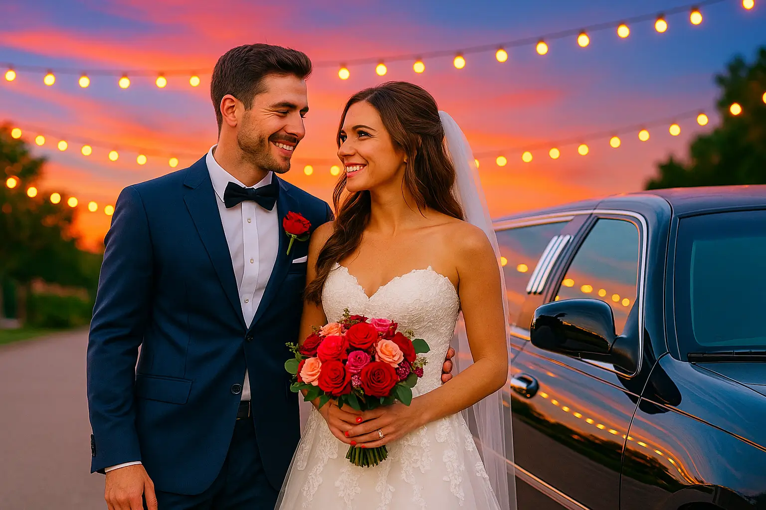 Bride and groom stepping out of a luxury limousine on their wedding day