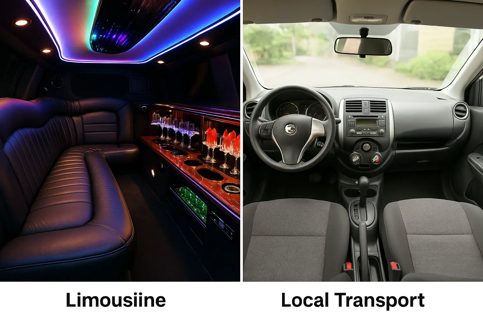 Interior of a limousine vs local transport comparison