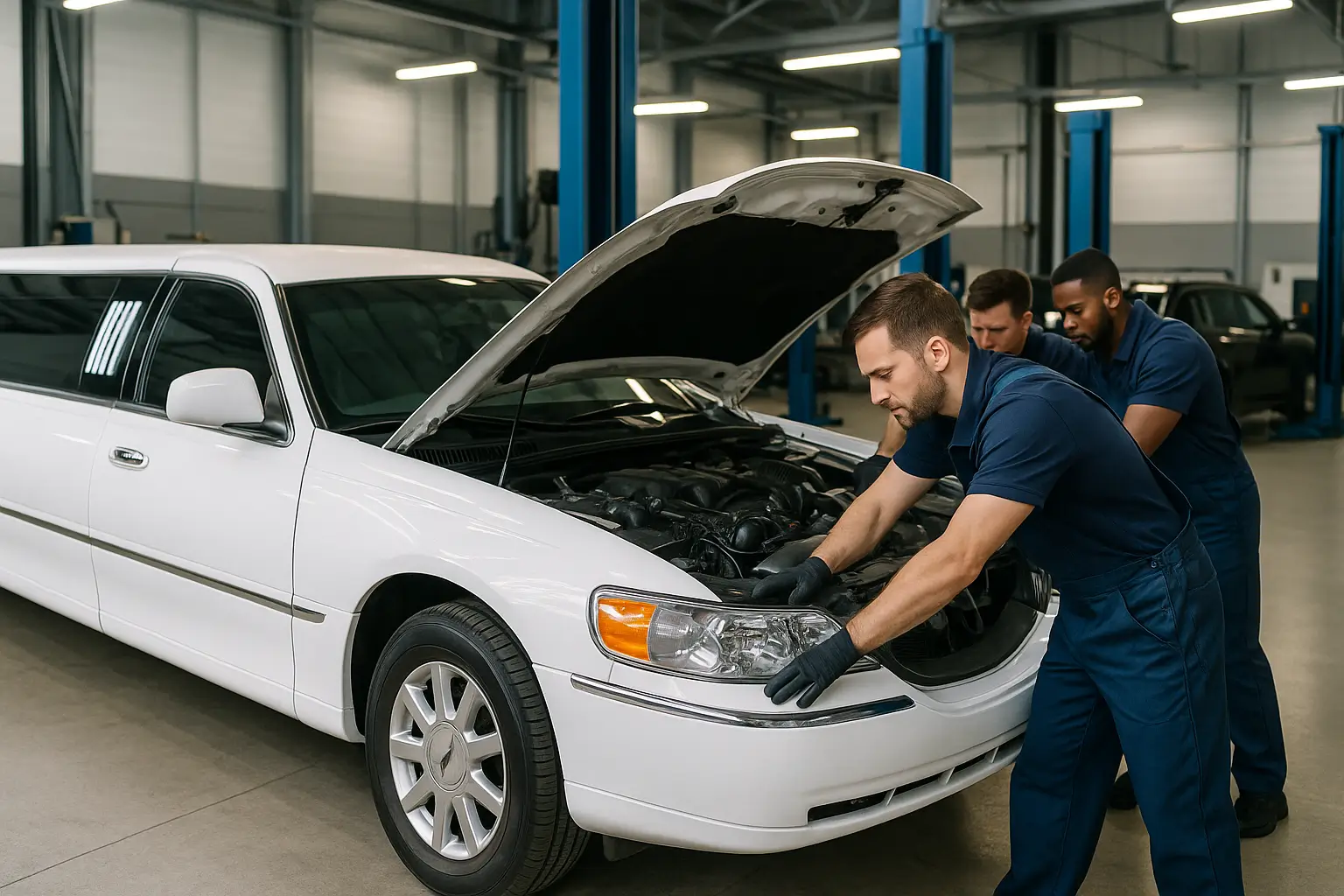 Specialized mechanic repairing a limousine engine